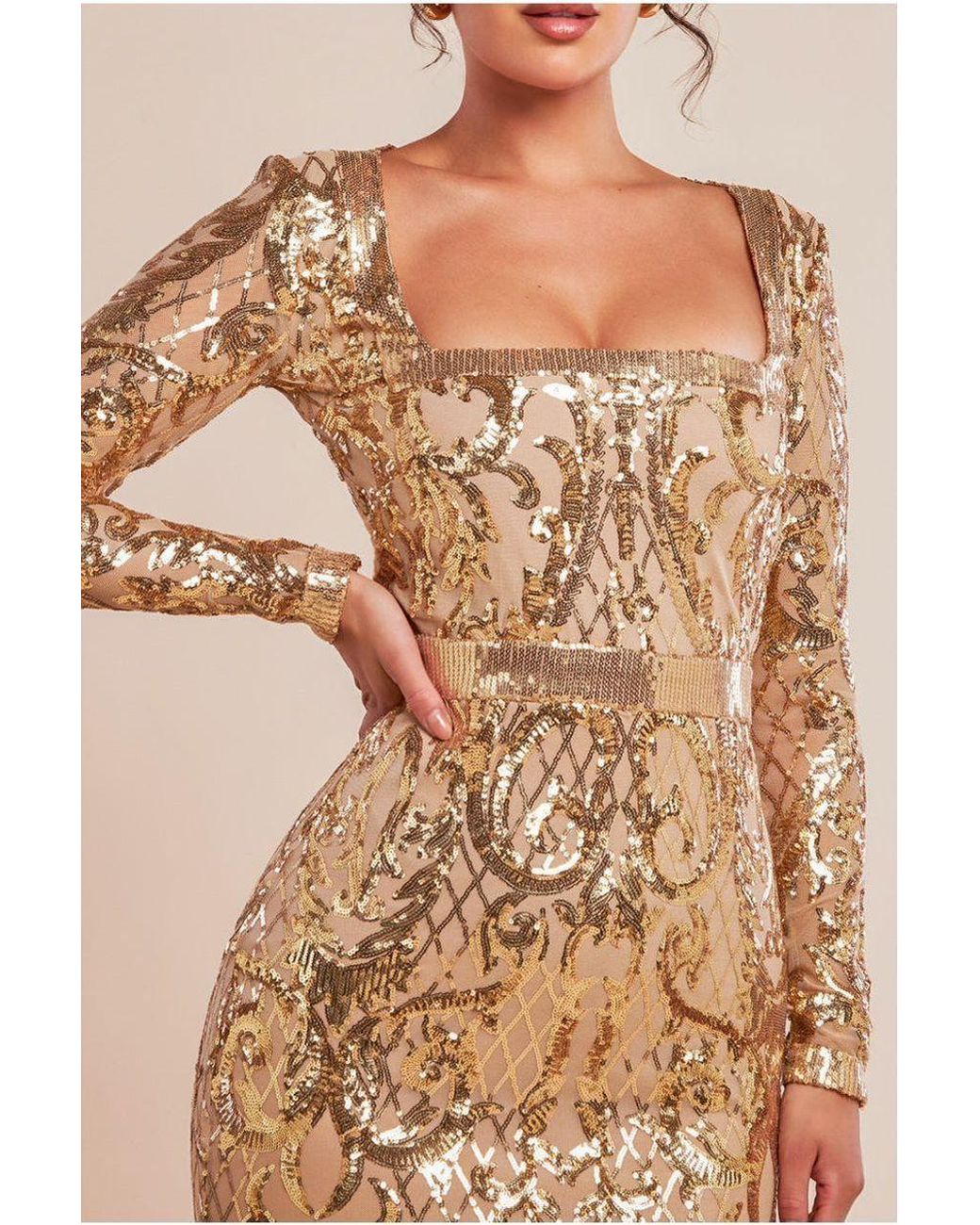 Goddiva Natural Sequin Square Neck Bodycon Midi Dress With Scalloped Hem