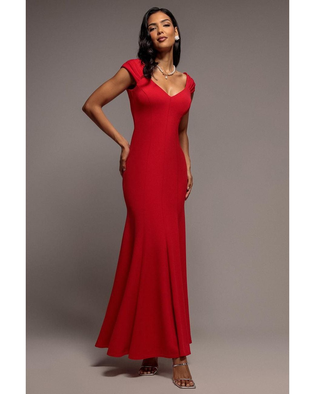 Goddiva Red Capped Sleeve V Neck Pleated Fit & Flare Maxi Dress