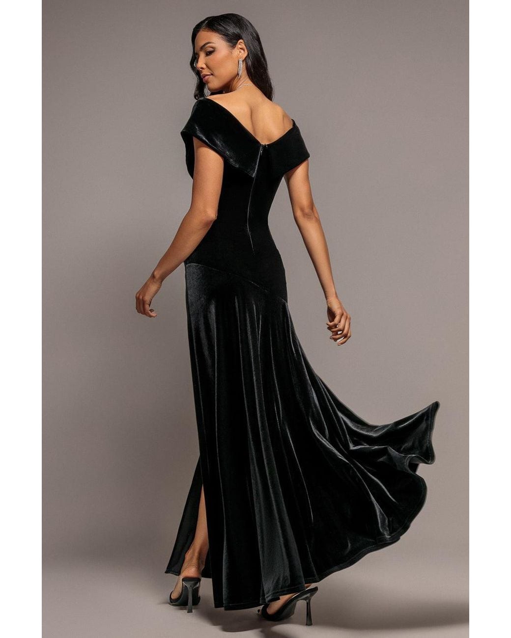 Goddiva Black Velvet Off Shoulder Pleated A Line Maxi Dress