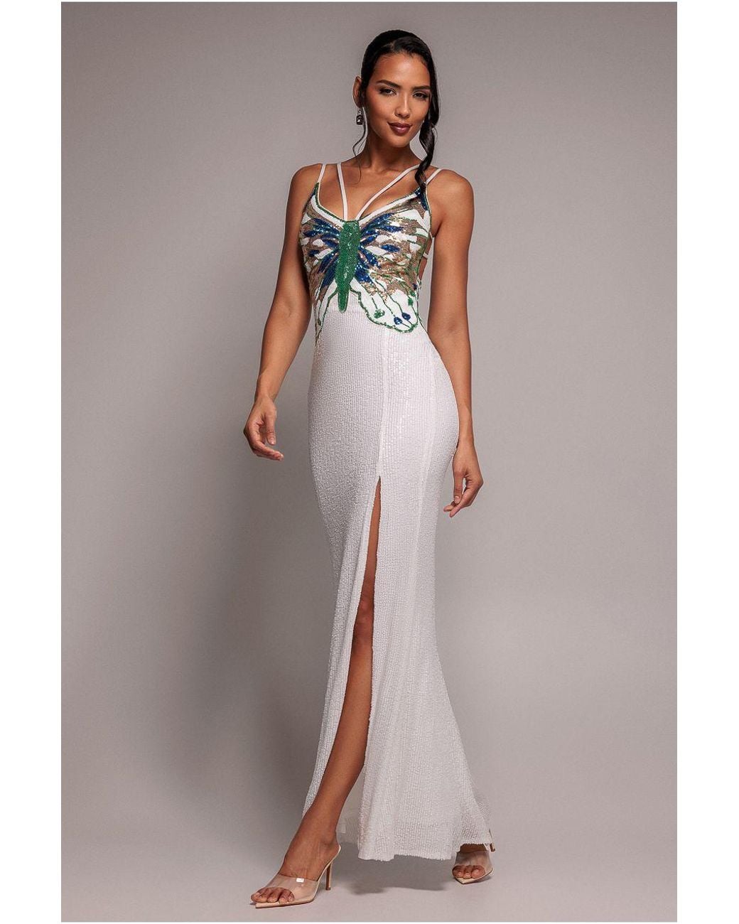 Goddiva Natural Sequin Butterfly Front Split Maxi Dress
