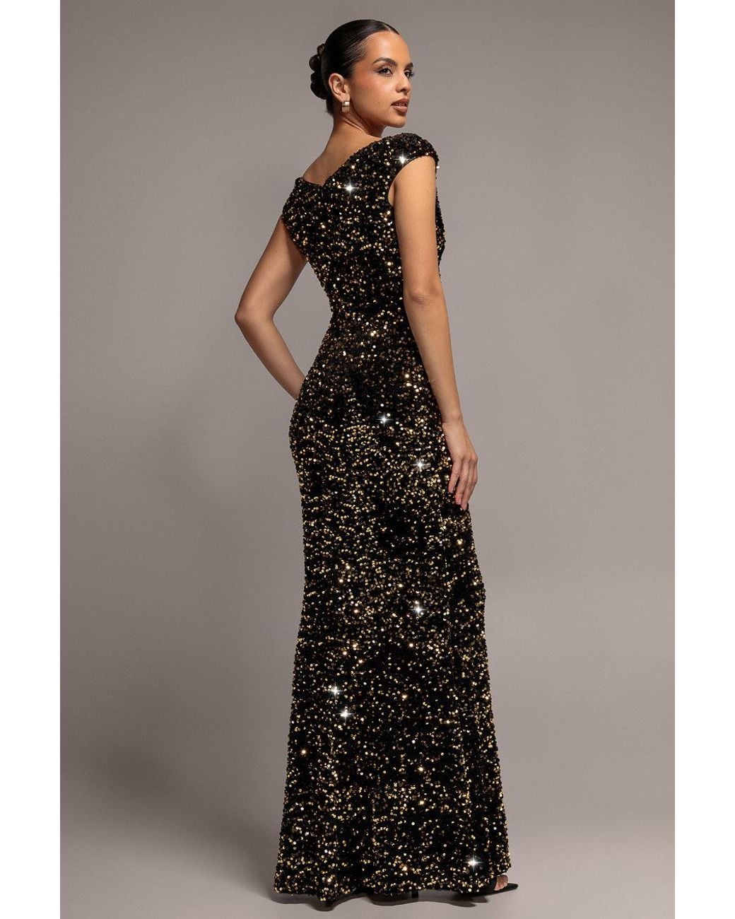 Goddiva Metallic Multi Sequin & Velvet Bardot Maxi