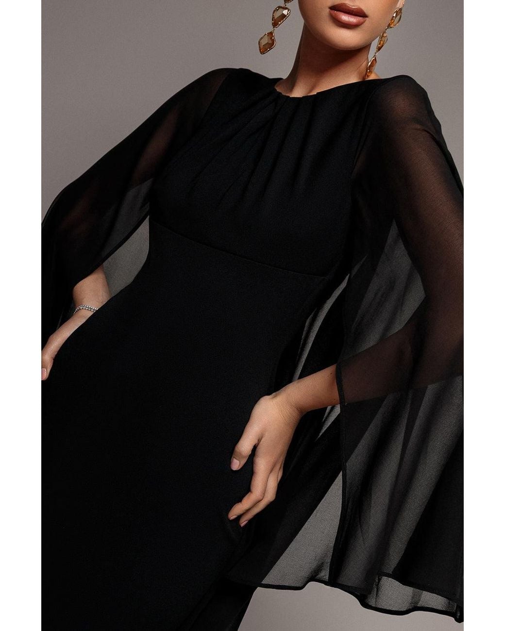 Goddiva Black Cape Sleeve Chiffon And Scuba Crepe Maxi Dress
