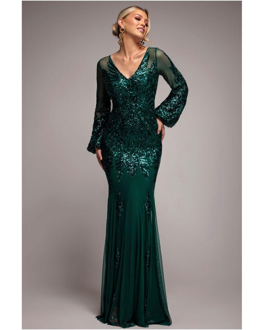 Goddiva Green Embellished Sequin Bishop Sleeve Maxi Dress