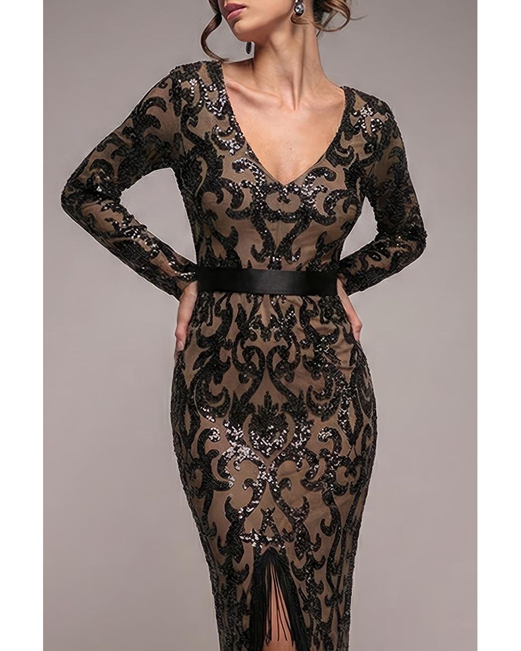 Goddiva Black Tassel & Sequin Maxi With Front Split