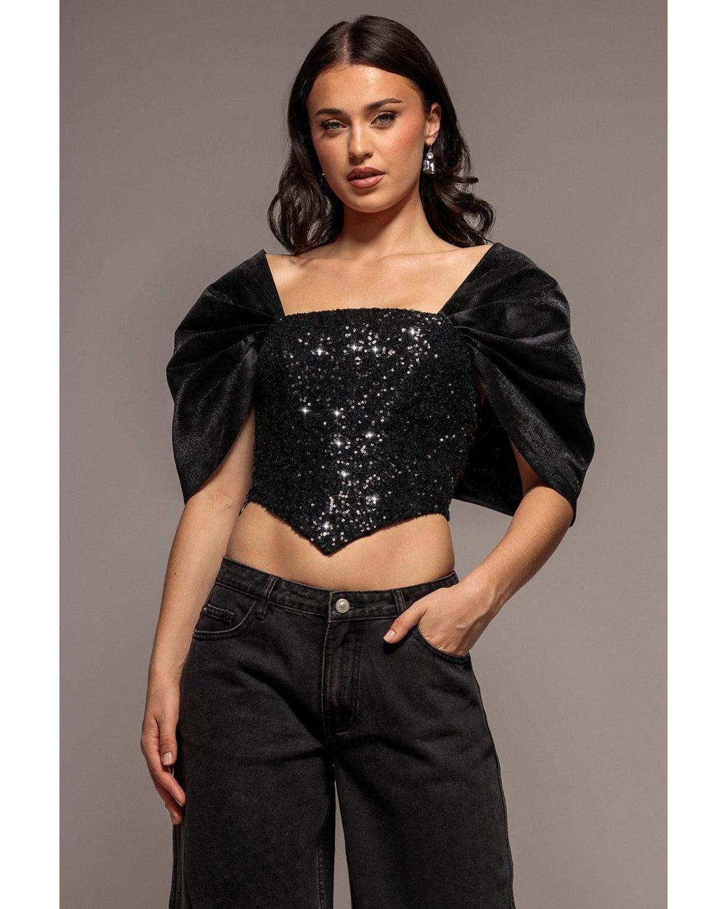 Goddiva Black Off Shoulder Corset Top With Back Satin Bow