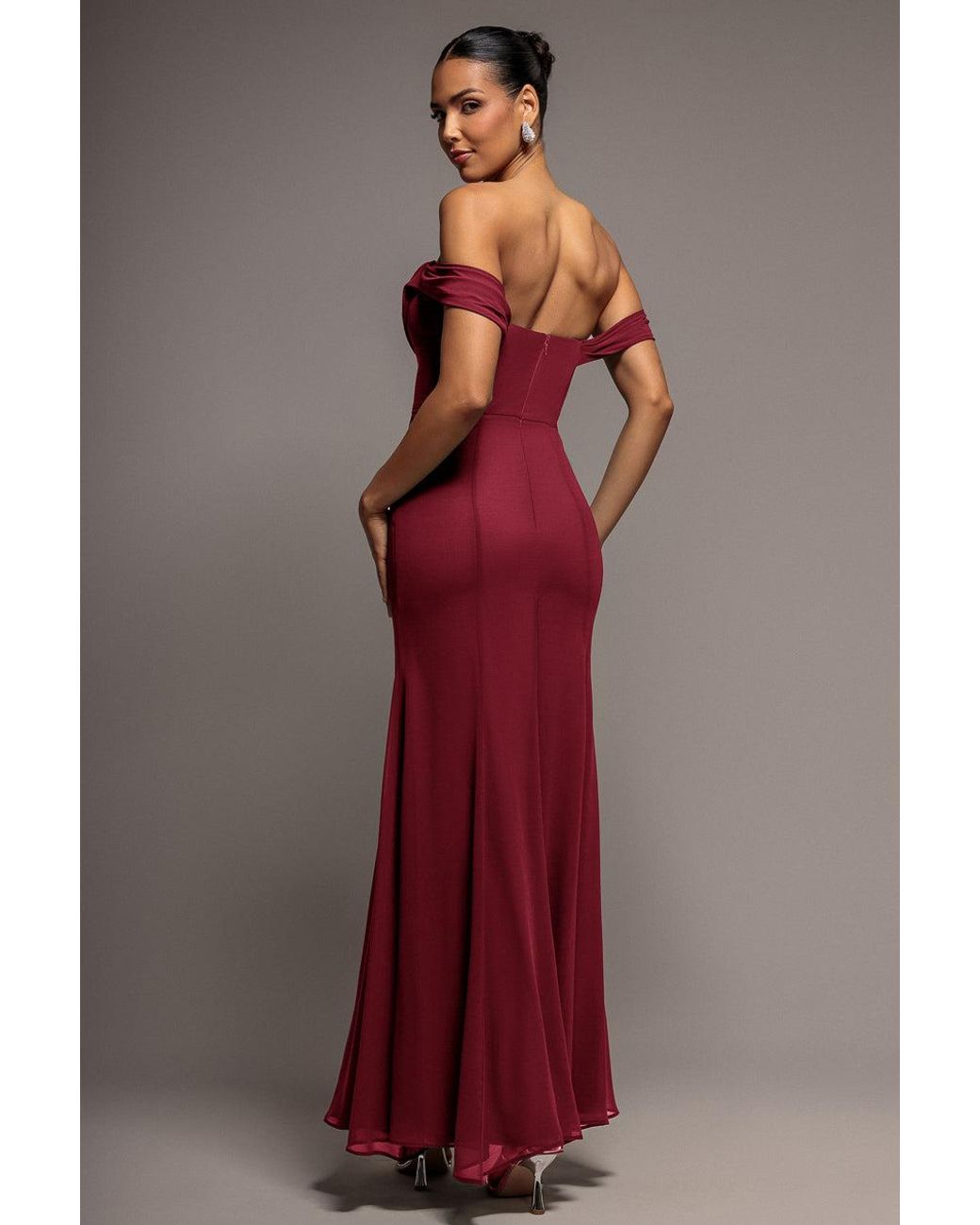 Goddiva Red Chiffon Bardot Cowl Neck Maxi Dress