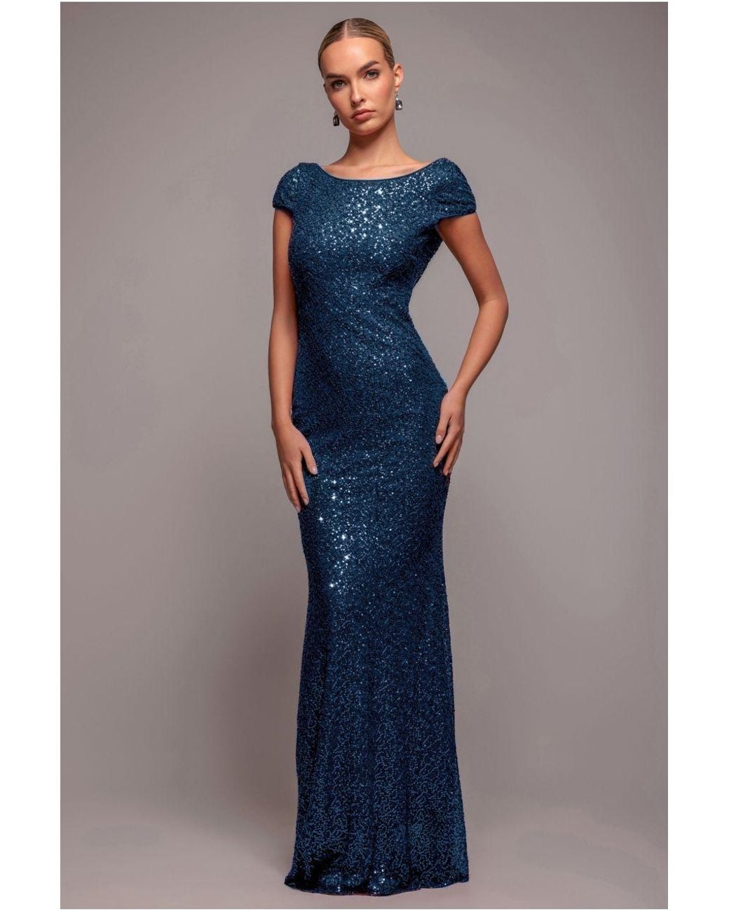 Goddiva Blue Cowl Back Sequin Maxi