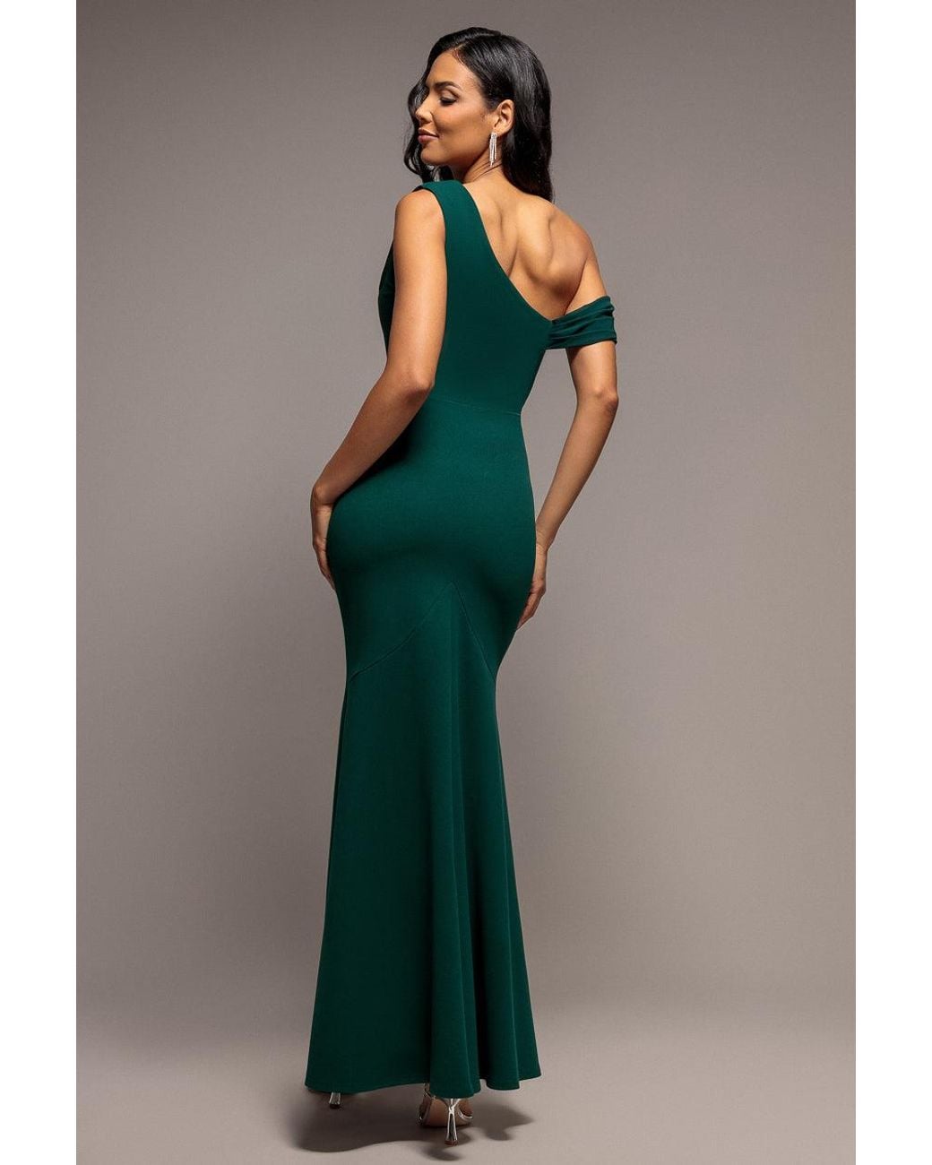 Goddiva Green Cowl Neck One Shoulder Scuba & Chiffon Maxi Dress