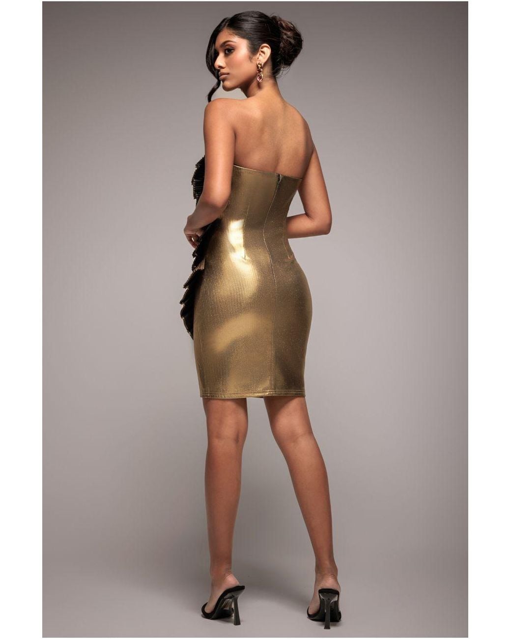 Goddiva Metallic Fan Pleated Boobtube Scuba Crepe Mini