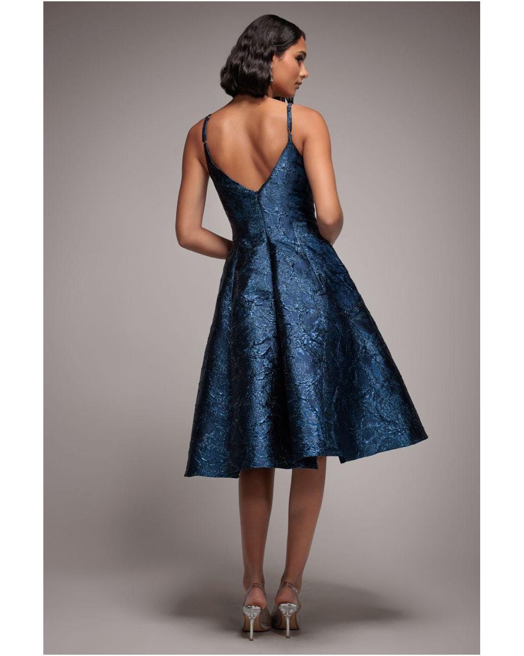 Goddiva Blue Jacquard Sleeveless A-Line Midi Dress