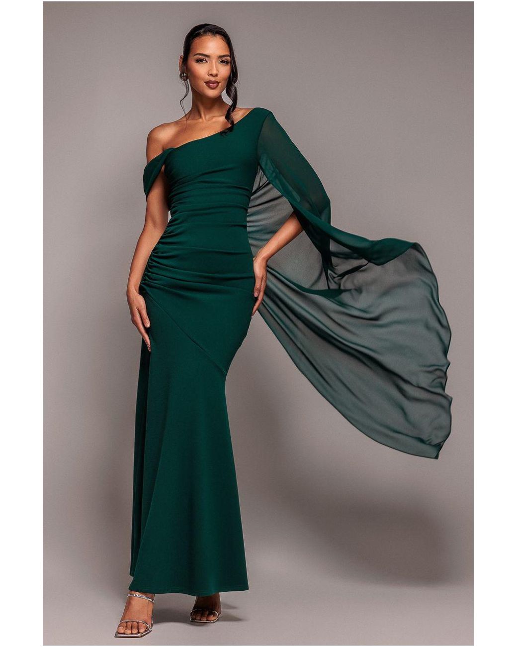 Goddiva Multicolor One Shoulder Cape Scuba & Chiffon Maxi Dress