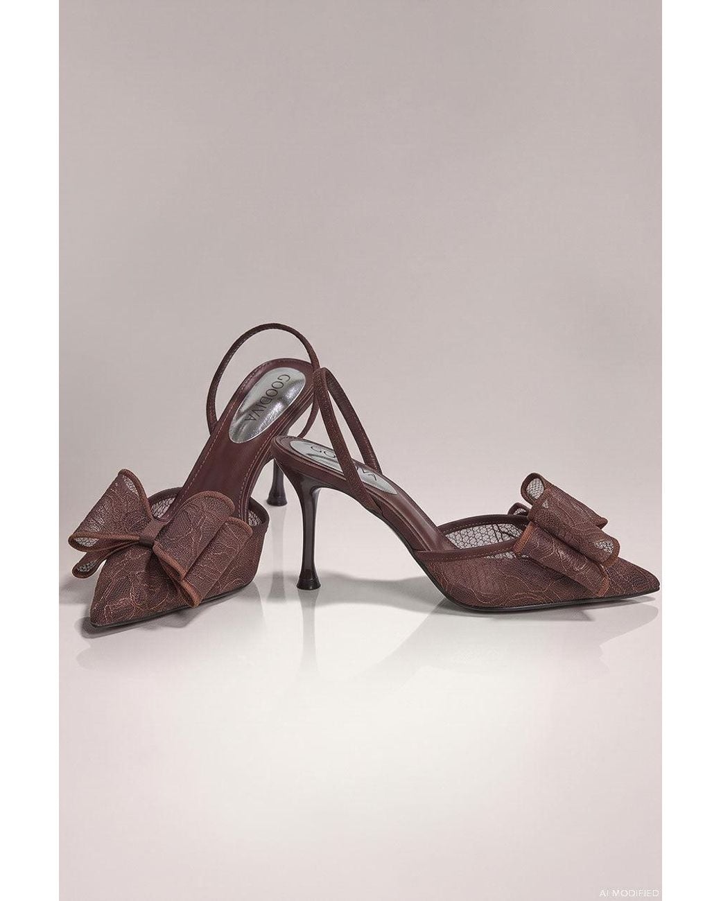 Goddiva Brown Pointed Toe Lace Bow Stiletto Slingback Heels