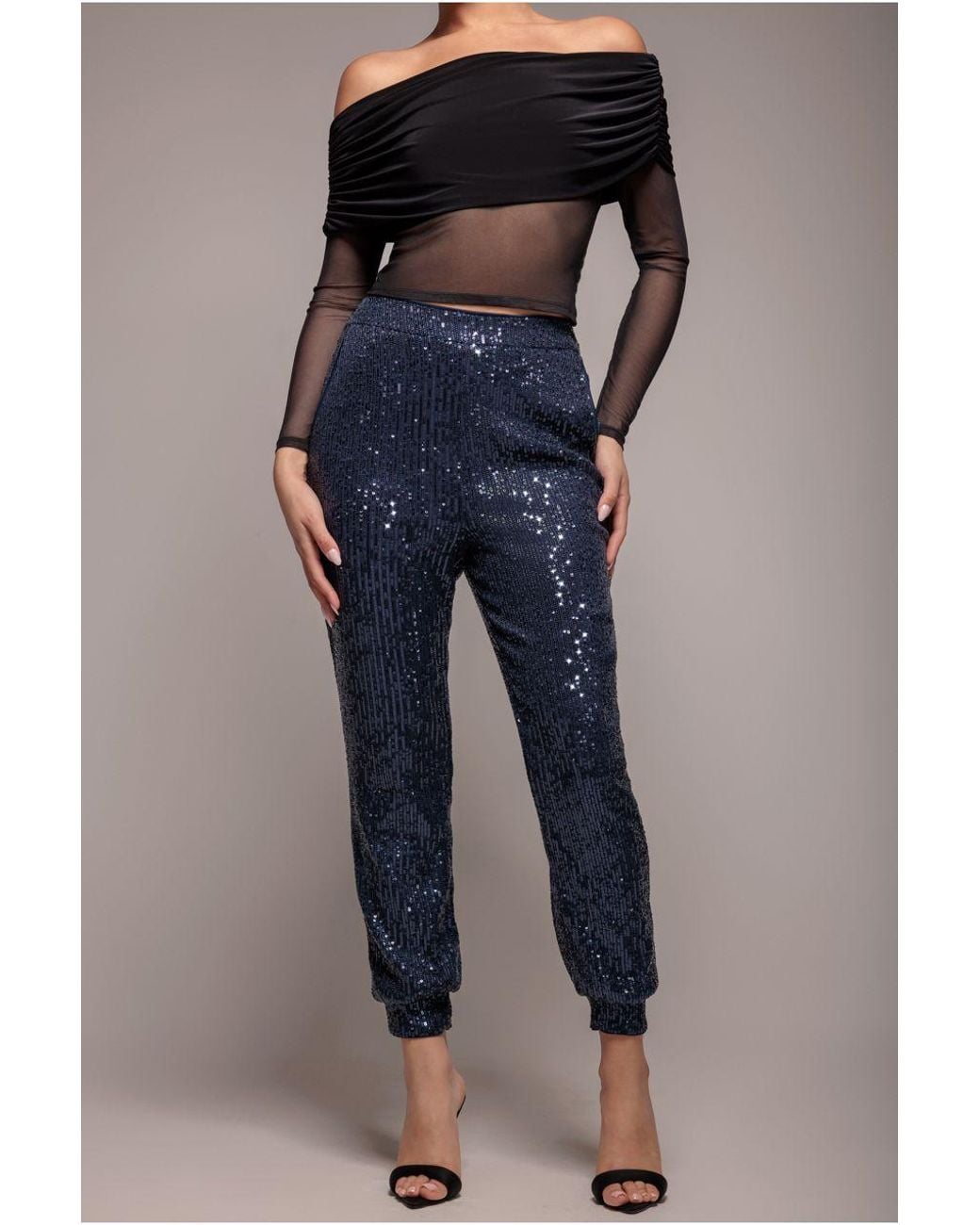 Goddiva Blue Sequin Cuffed Ankle Trouser