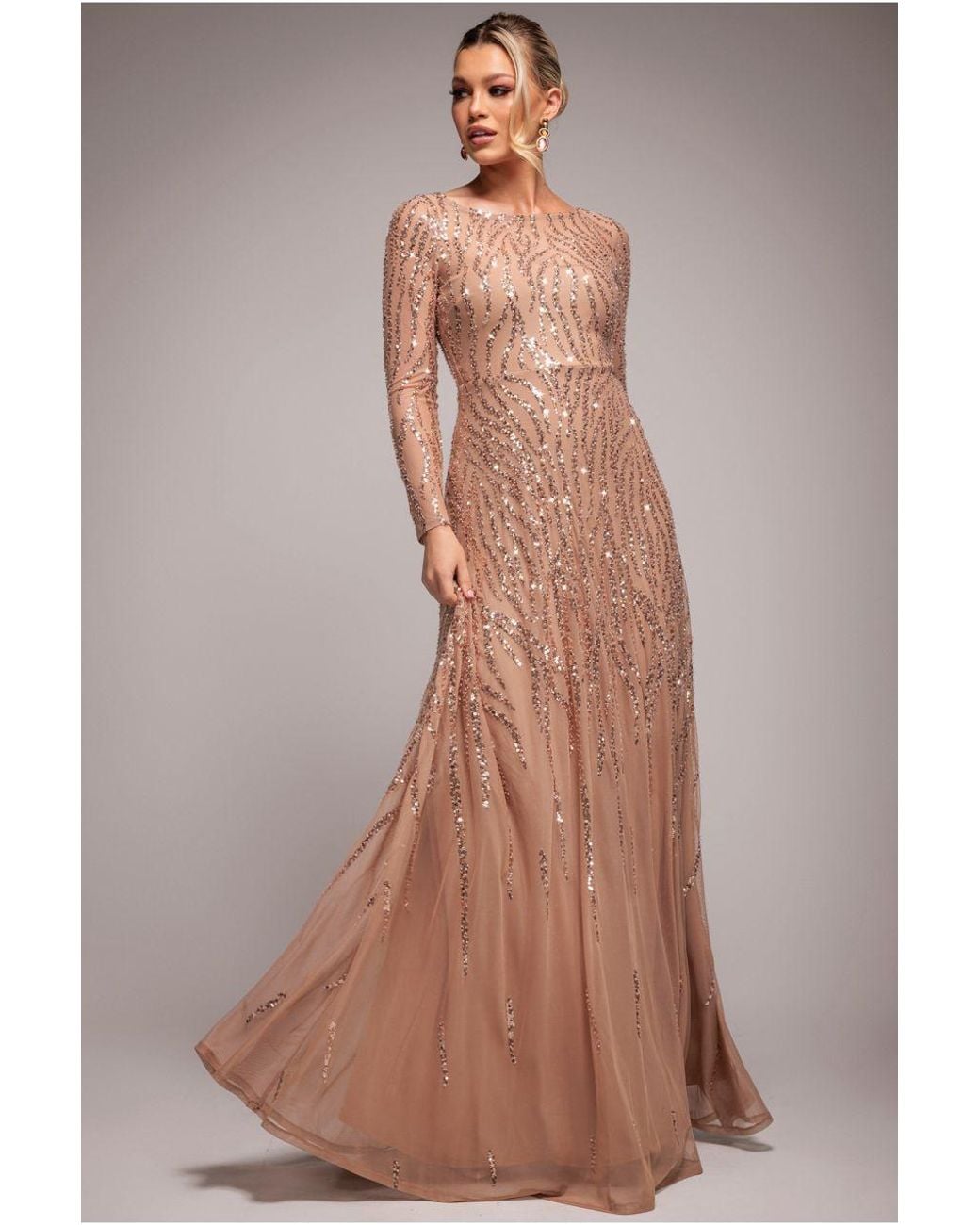 Goddiva Brown Ombre Sequin Beaded Flared Long Sleeve Maxi Dress