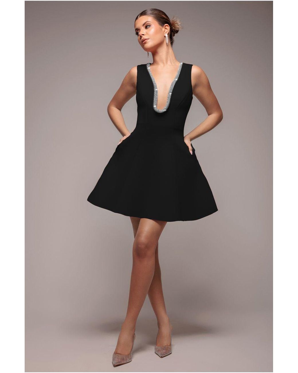 Goddiva Blue Diamante Embellished Neck A-Line Mini Dress