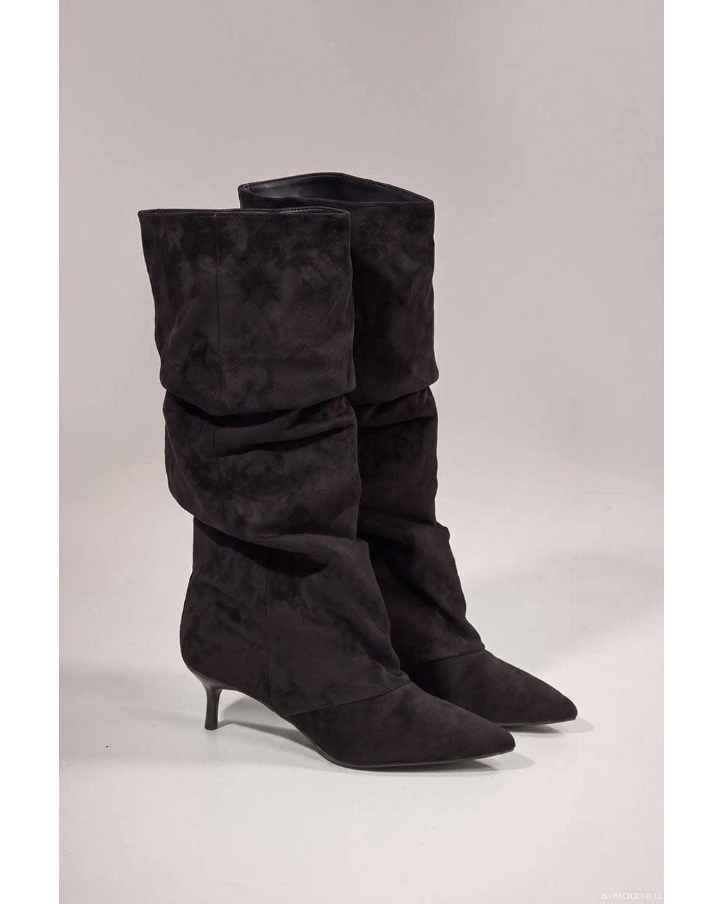 Goddiva Black Pointed-Toe Knee High Slouchy Kitten Heel Boots