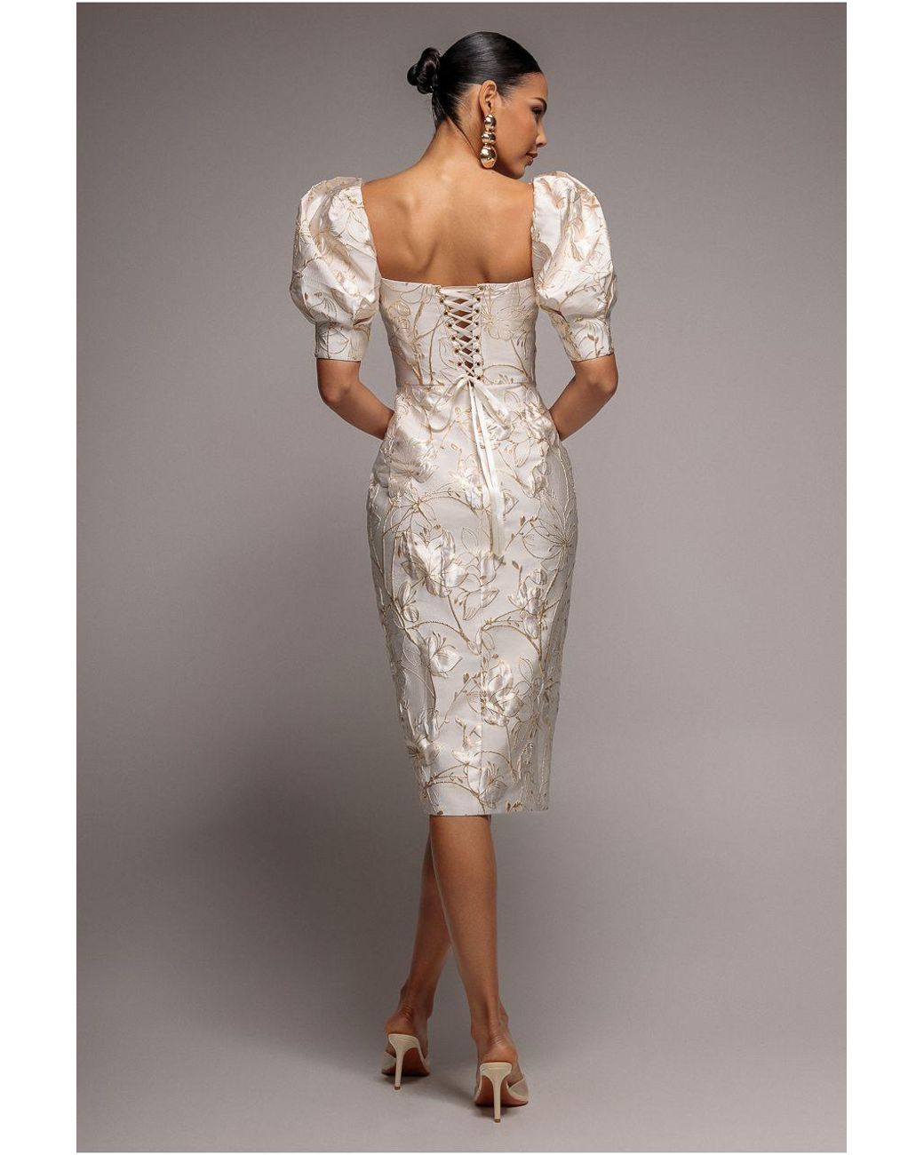 Goddiva Brown Puff Sleeve Sweetheart Midi Dress
