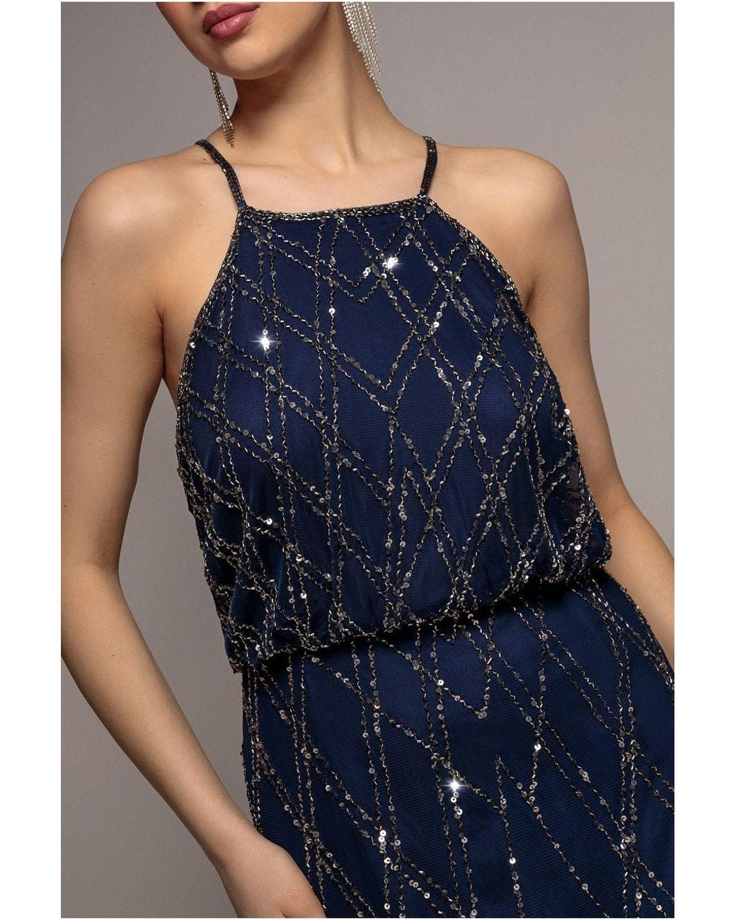 Goddiva Blue Racer Neck Sleeveless Hand Embellished Sequin Maxi Dress