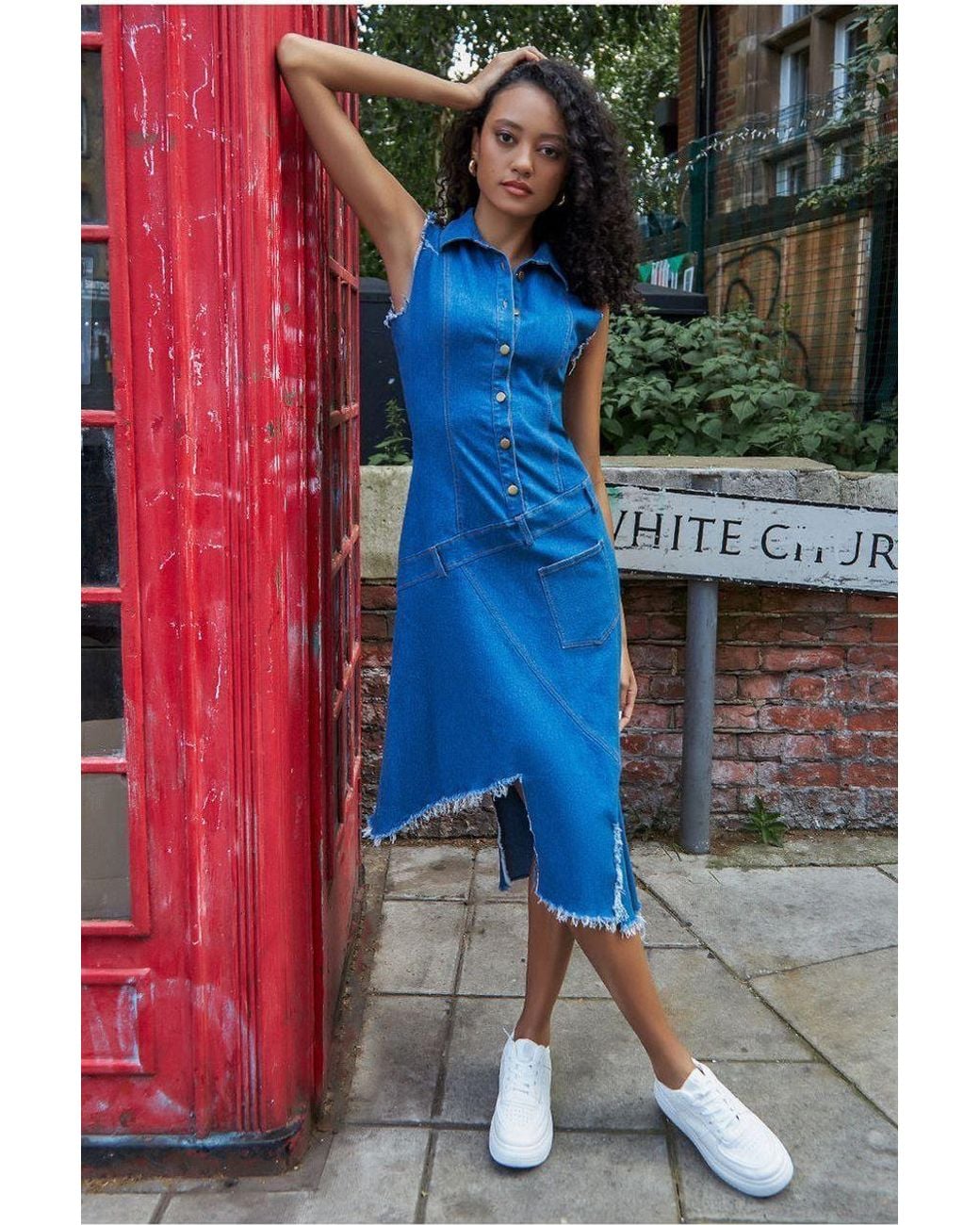 Goddiva Blue Denim Frayed Asymmetric Sleeveless Midaxi Shirt Dress