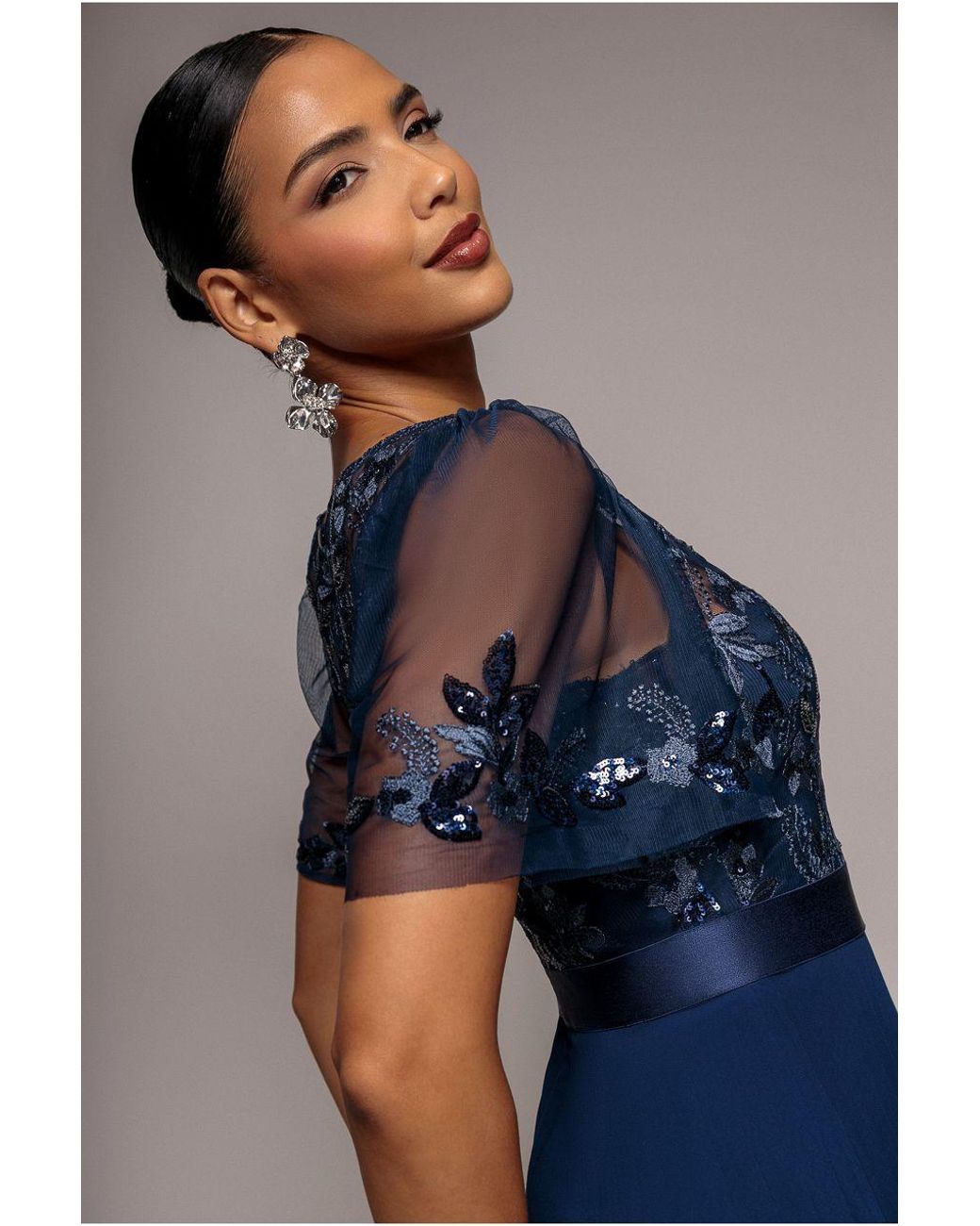 Goddiva Blue Embroidered Top Chiffon Pleated Midi