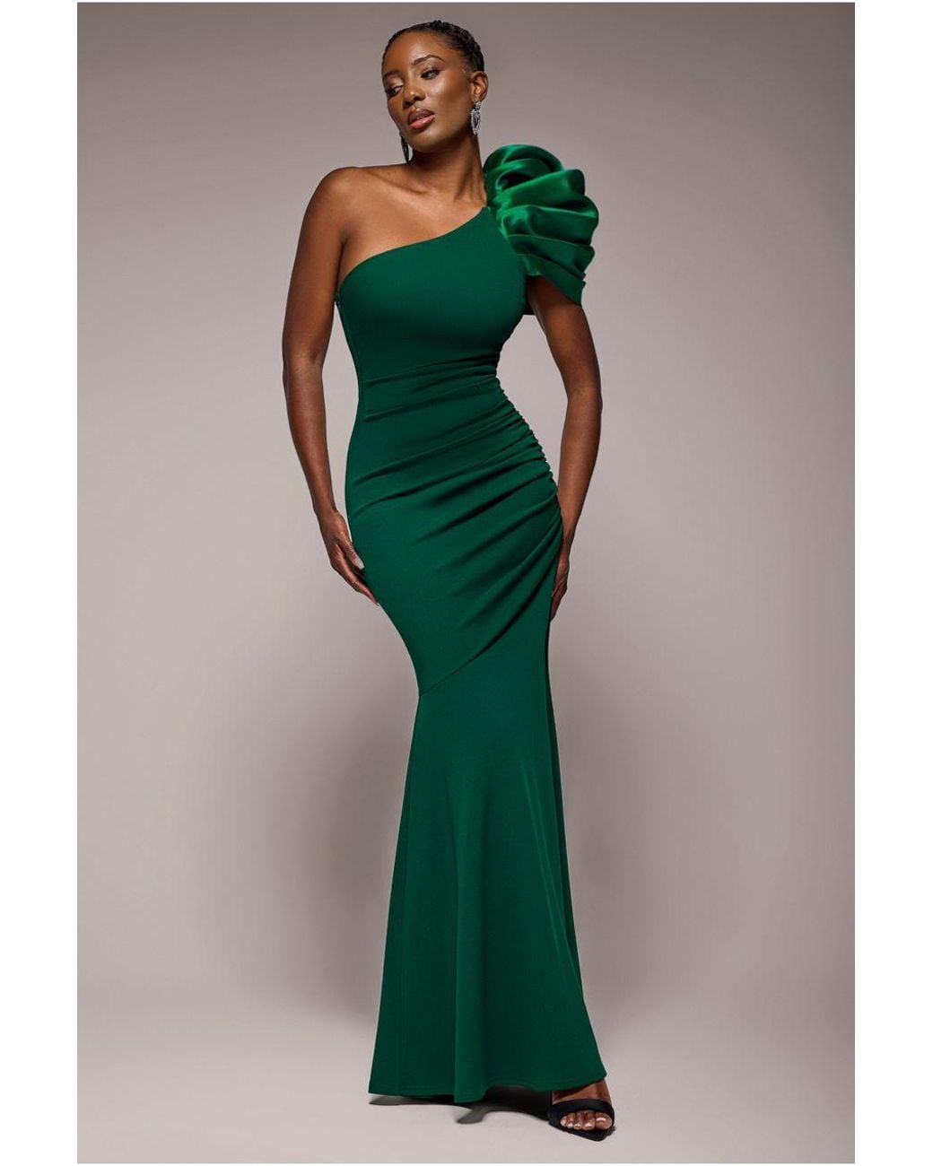 Goddiva One Shoulder Puffed Satin Sleeve Evening Maxi Dress in Green | Lyst