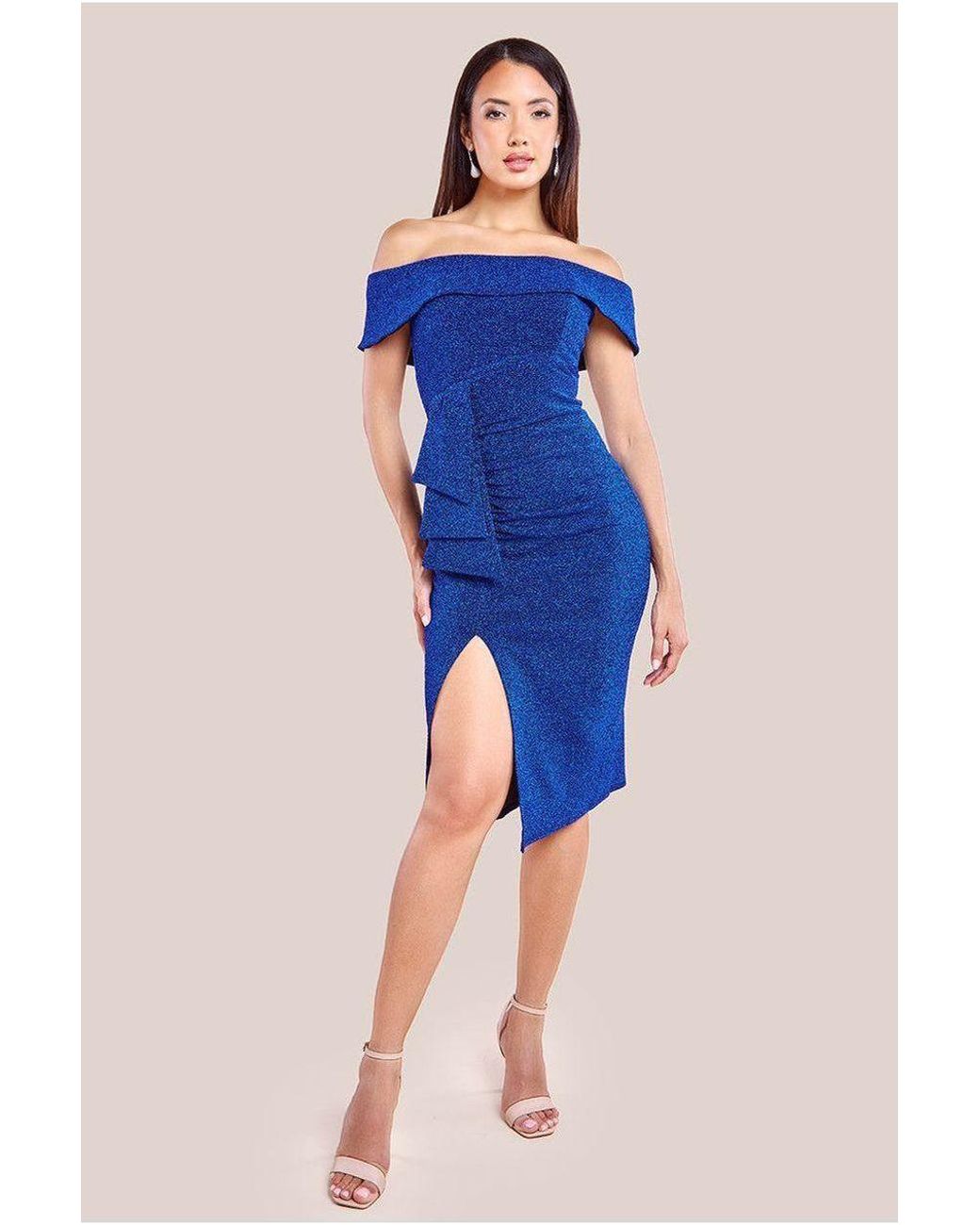Goddiva Blue Sparkling Bardot Midi With Waterfall Ruffle
