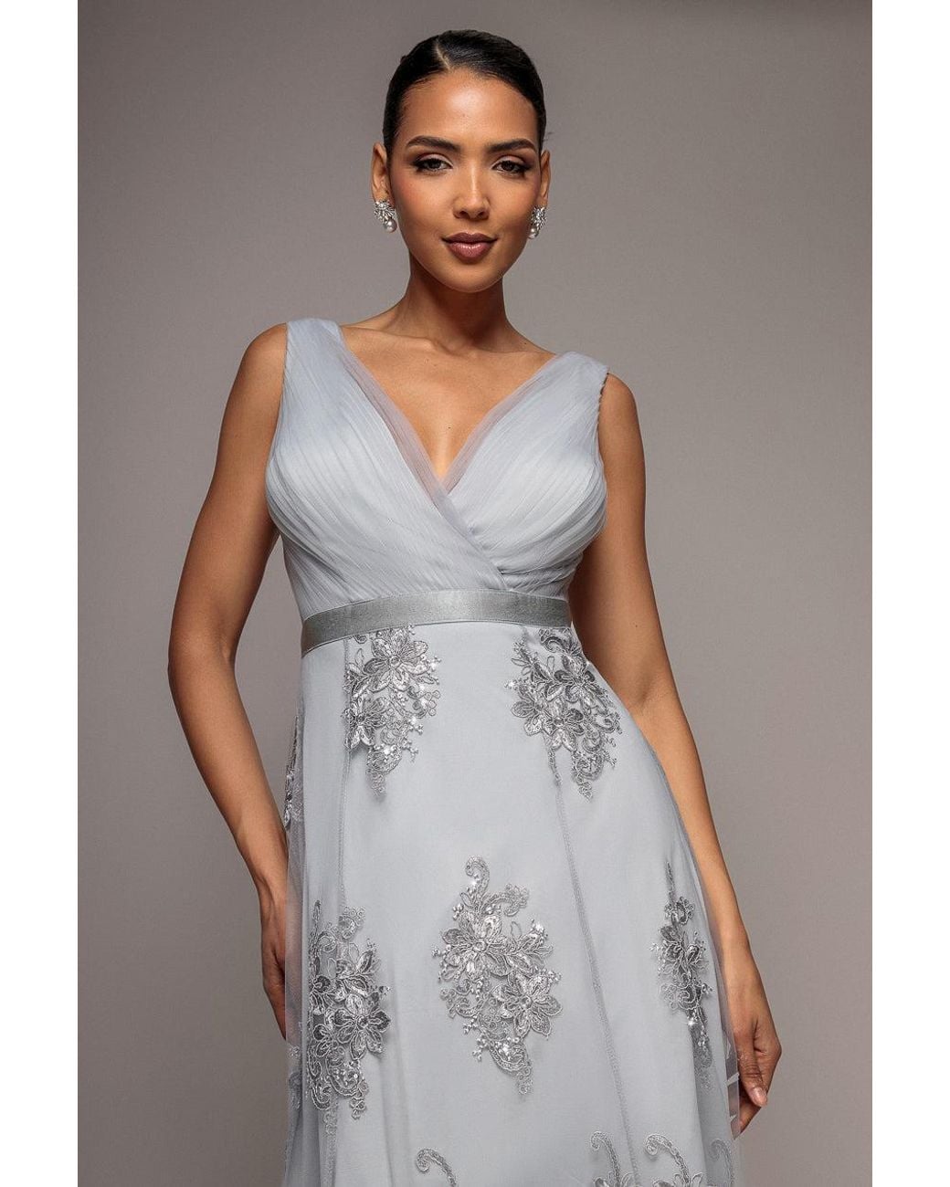 Goddiva Gray Pleated Satin Bodice High And Low Dress