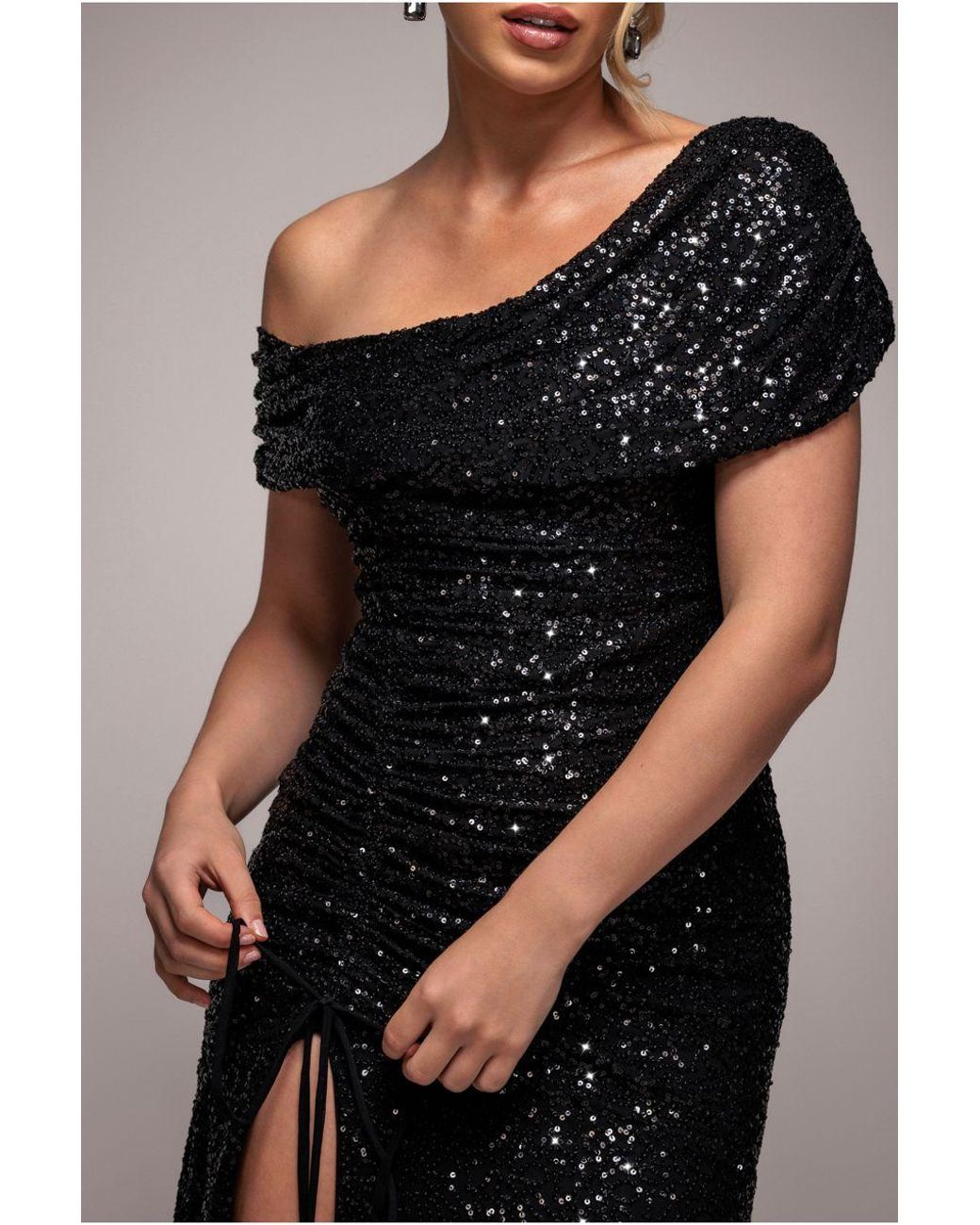 Goddiva Black Off The Shoulder Sequin Cowl Drawstring Maxi Dress