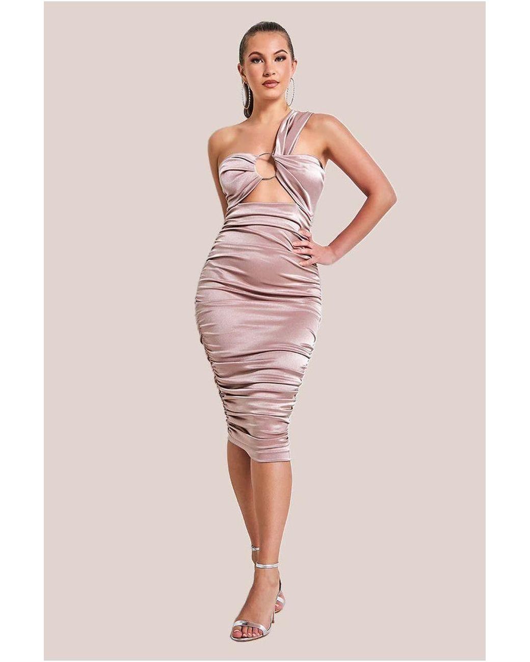 Goddiva Multicolor Ring Detail One Shoulder Ruched Midi