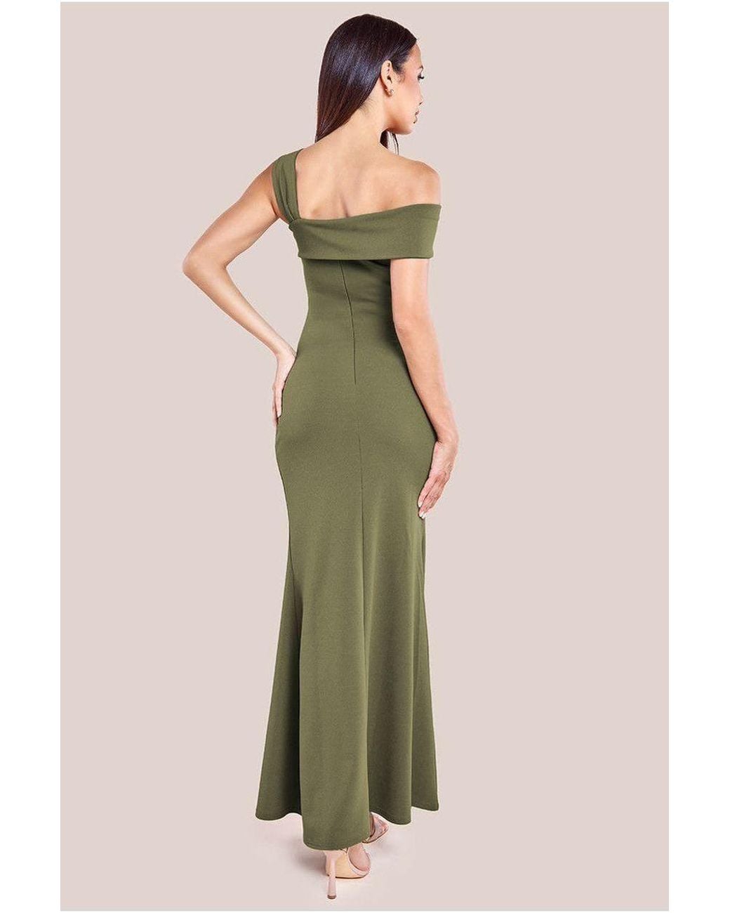Goddiva Green Off The Shoulder Pleated Waist Maxi Dress