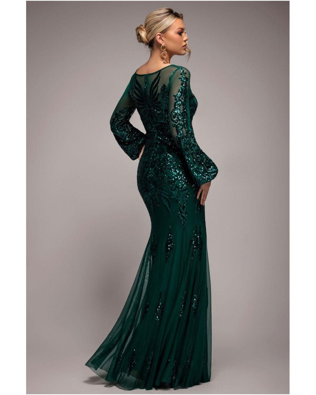 Goddiva Green Embellished Sequin Bishop Sleeve Maxi Dress