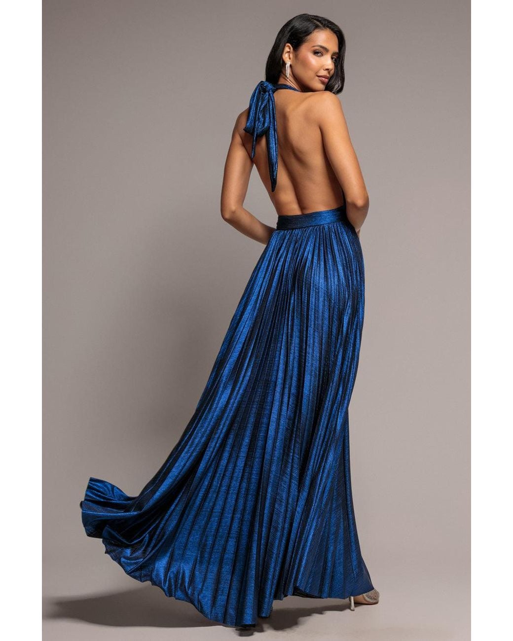 Goddiva Blue Open Back Sunrise Foil Halterneck A Line Maxi Dress