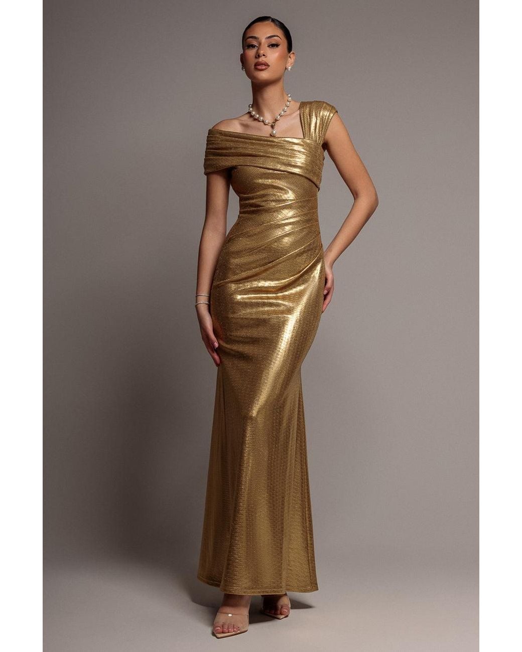 Goddiva Brown One Shoulder Asymmetric Foil Scuba Maxi Dress