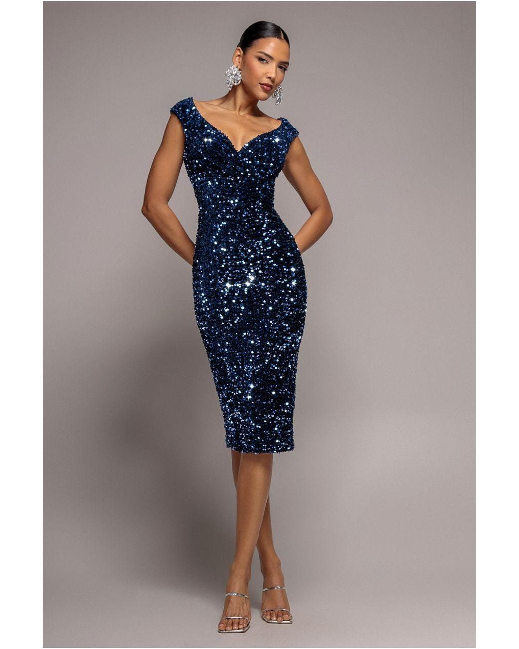 Goddiva Blue Multi Sequin & Velvet Bardot Midi Dress