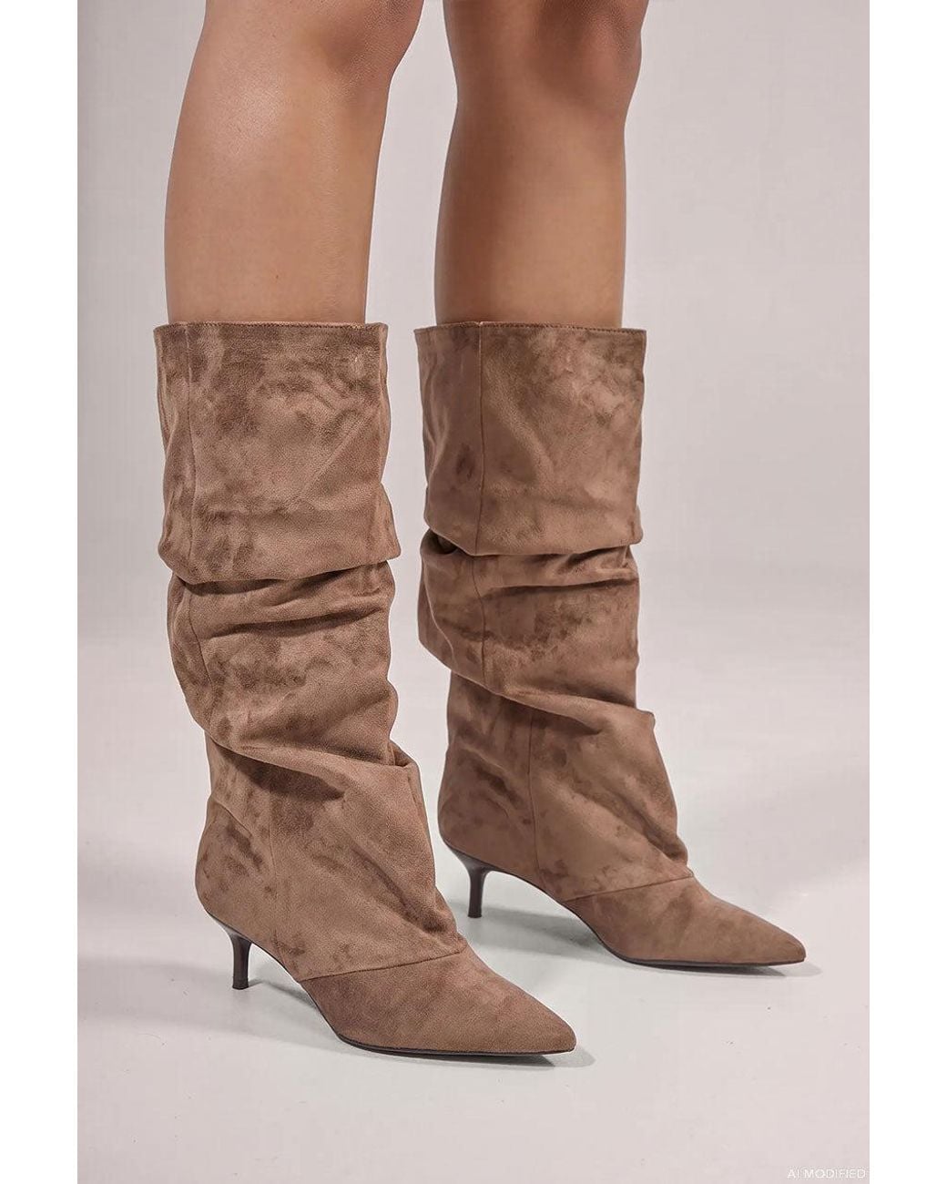 Goddiva Brown Pointed-Toe Knee High Slouchy Kitten Heel Boots