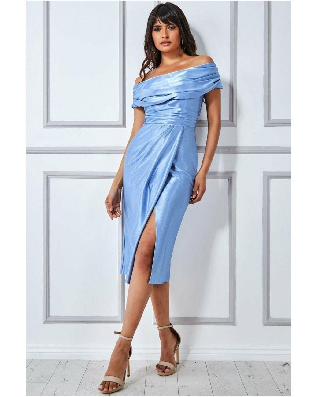 Goddiva Blue Cowl Neck Bardot Satin Midi Front Split