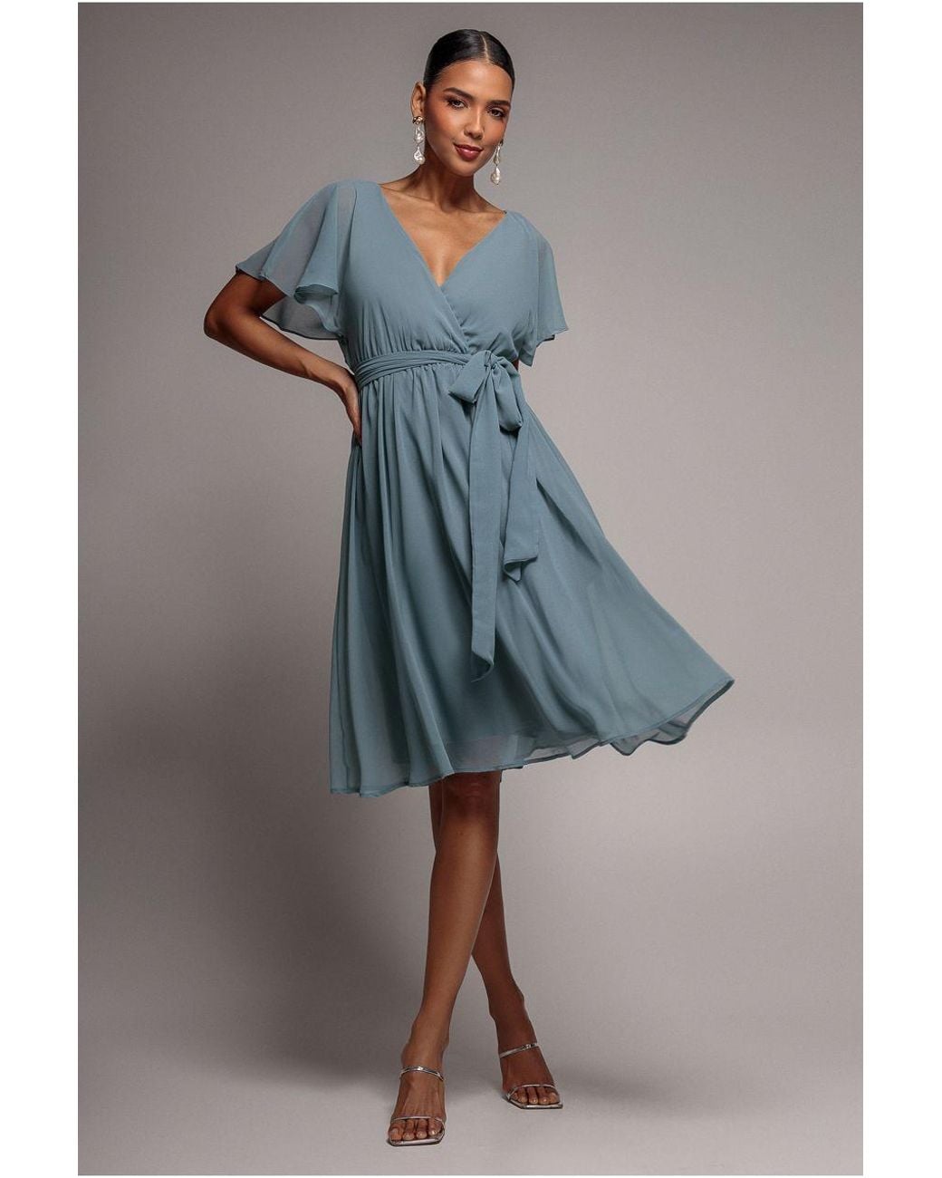 Goddiva Blue Chiffon Flutter Sleeve Wrap Midi Dress