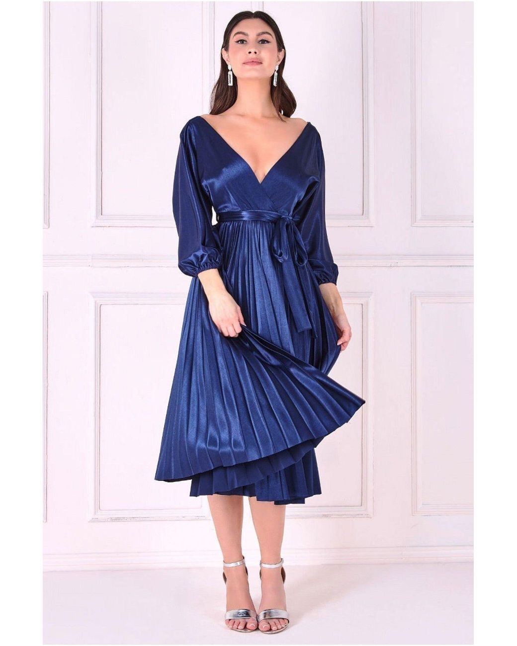 Goddiva Blue Satin Pleated Skirt Wrap Midi Dress