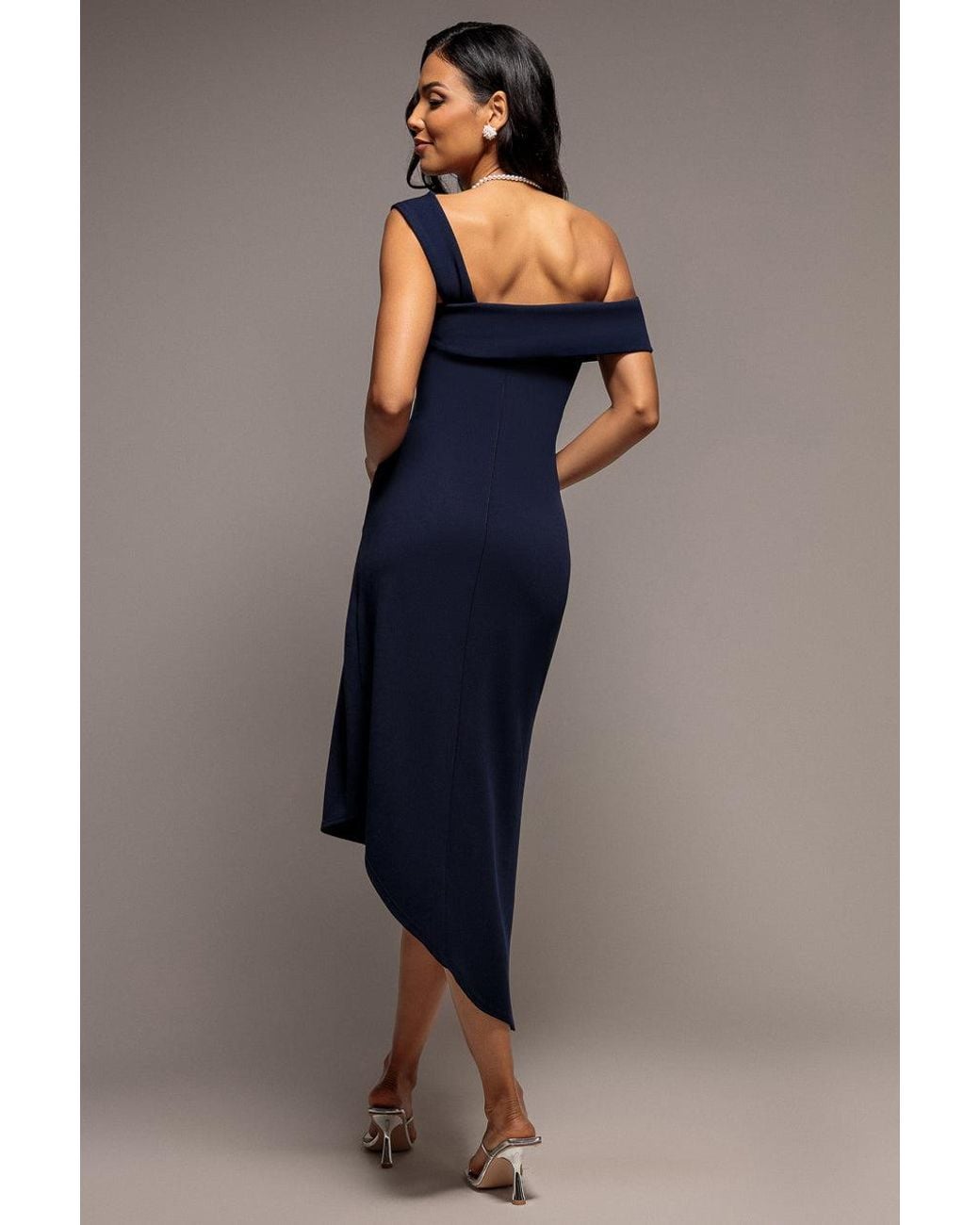 Goddiva Blue Off Shoulder Pleated Waist Asymmetric Midaxi Dress