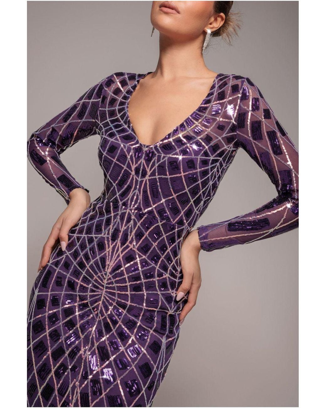Goddiva Purple Geo Sequin Long Sleeve Maxi Dress