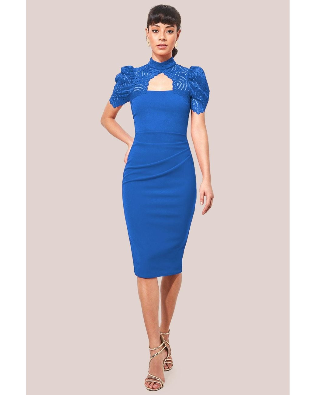 City Goddess Blue Open Back Puffed Lace Top Midi