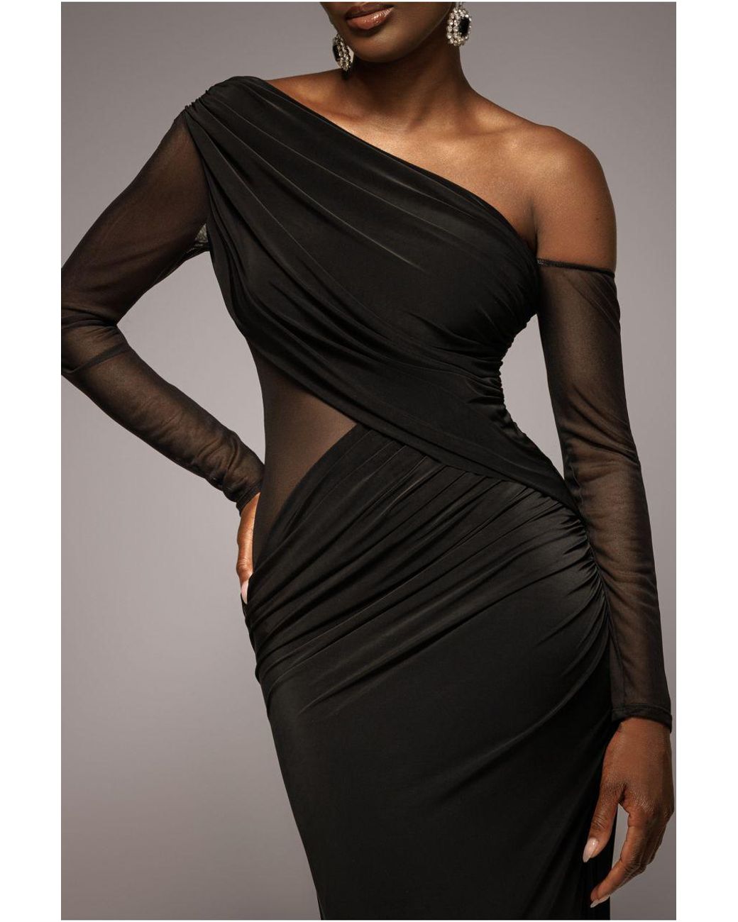 Goddiva Black Gathered Cowl Asymmetric Mesh And Soft Touch Maxi Dress