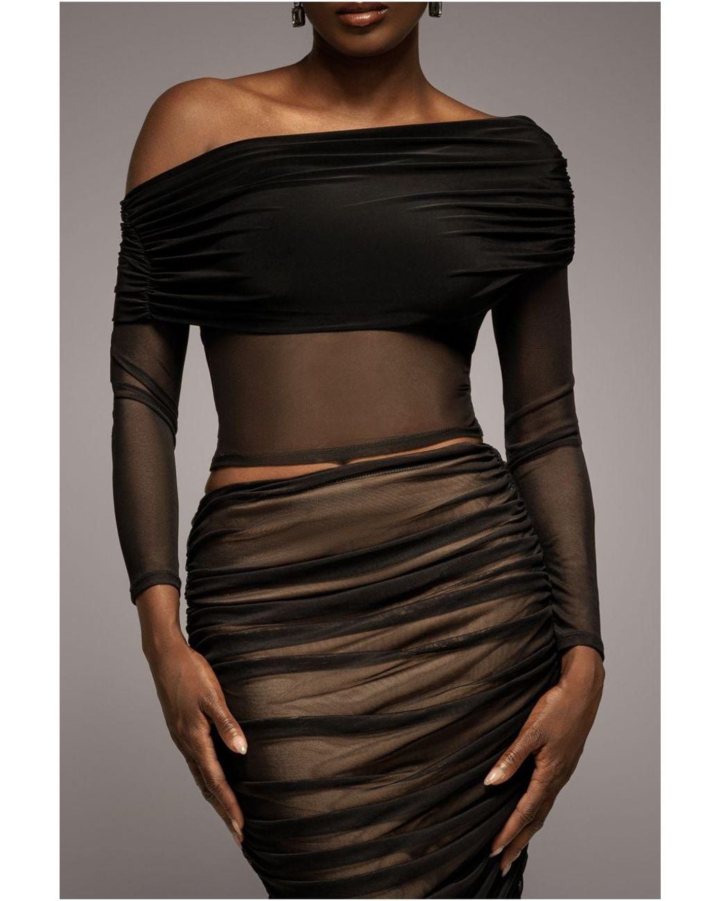 Goddiva Black Gathered Bardot Asymmetric Mesh Panel Top