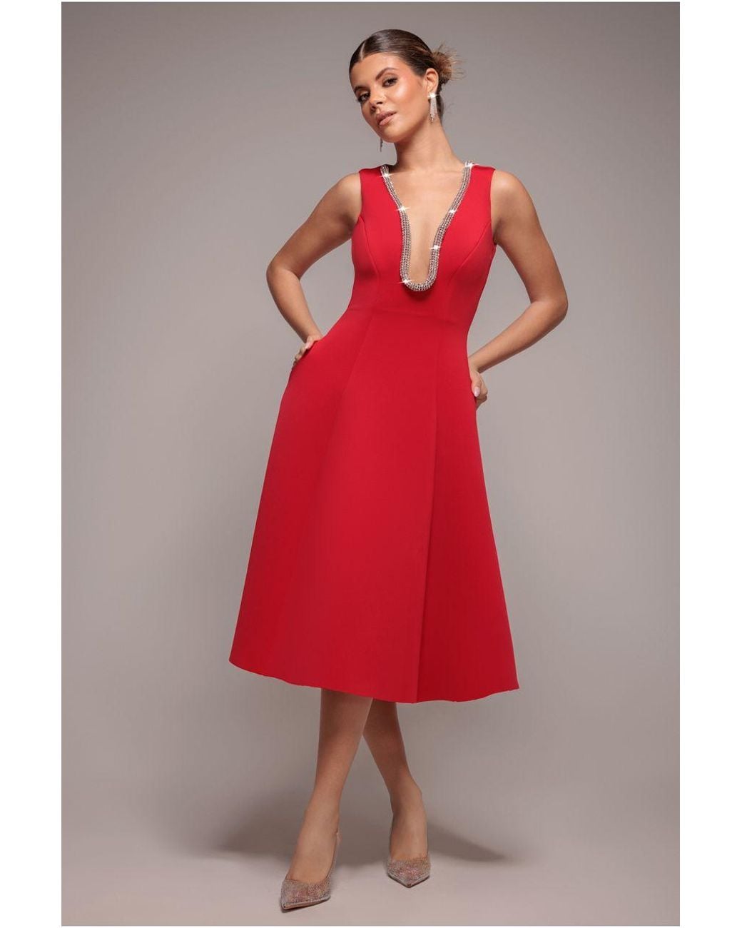Goddiva Red Diamante Embellished Neck A-Line Midi Dress
