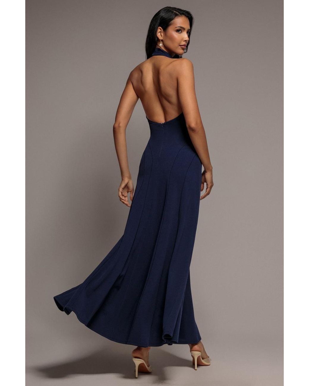 Goddiva Blue Halterneck Cowl Neck Backless Scuba Crepe Maxi Dress