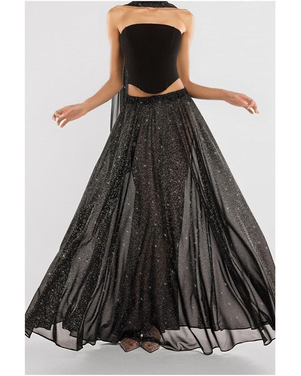 Goddiva Black Compact Crepe Lace Up Corset With Gathered A-Line Glitter Chiffon Maxi Skirt & Scarf
