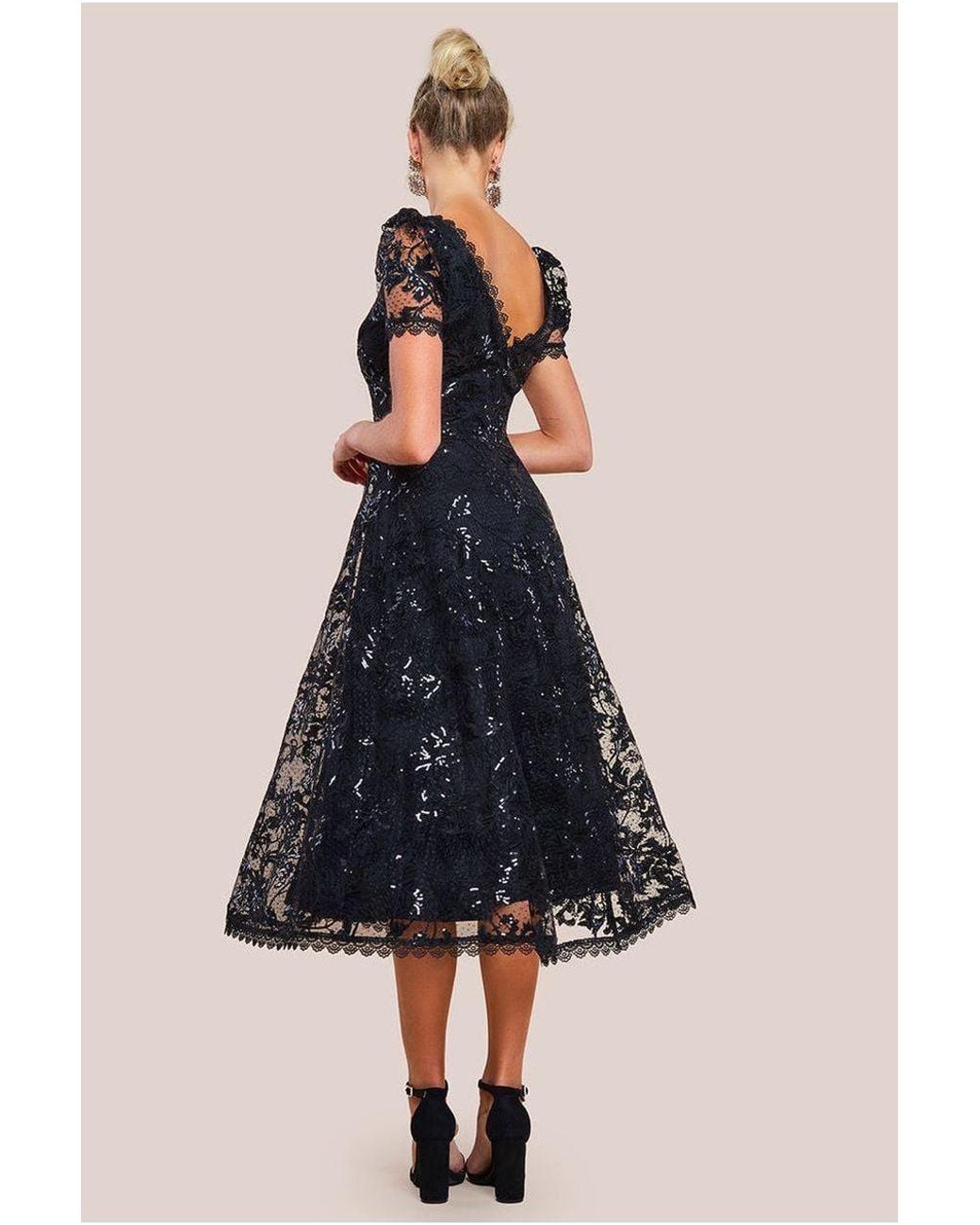Goddiva Blue Sequin Lace Short Sleeve A-Line Midi Dress
