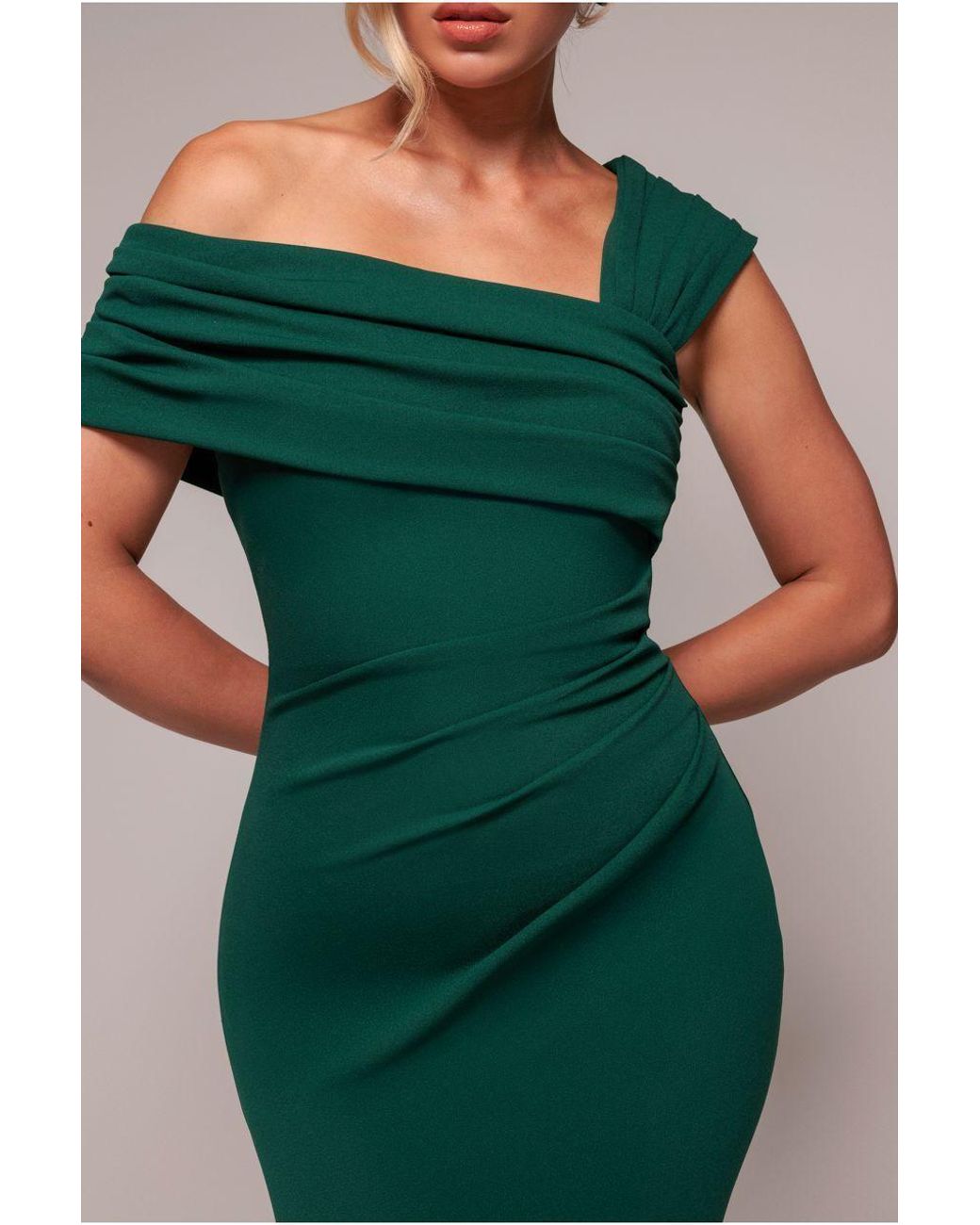 Goddiva Green Scuba Crepe Pleated Drop Shoulder Midi Dress