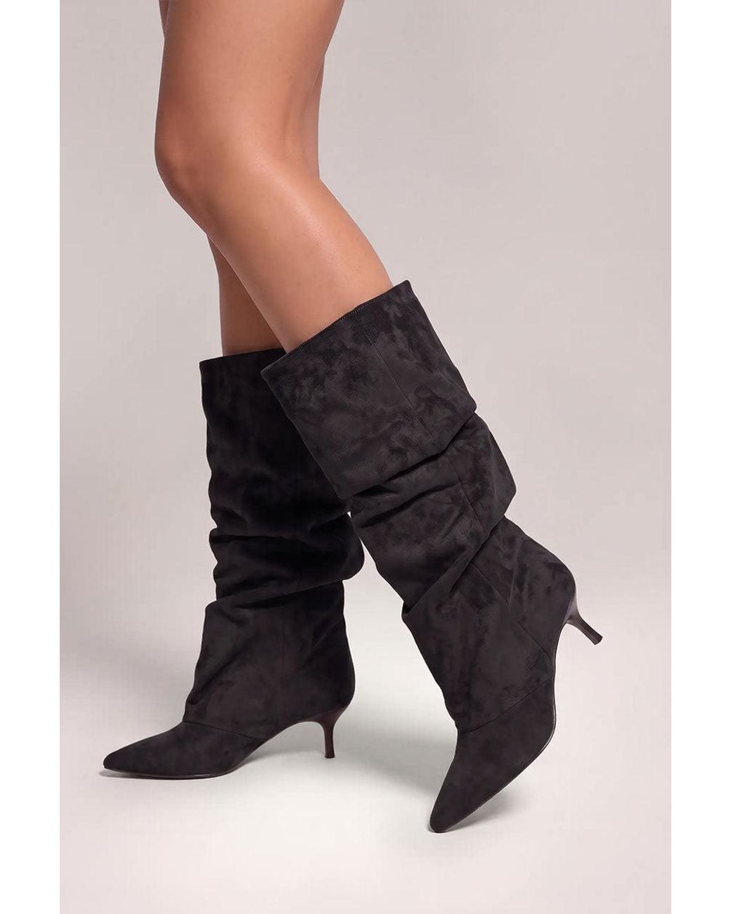 Goddiva Black Pointed-Toe Knee High Slouchy Kitten Heel Boots