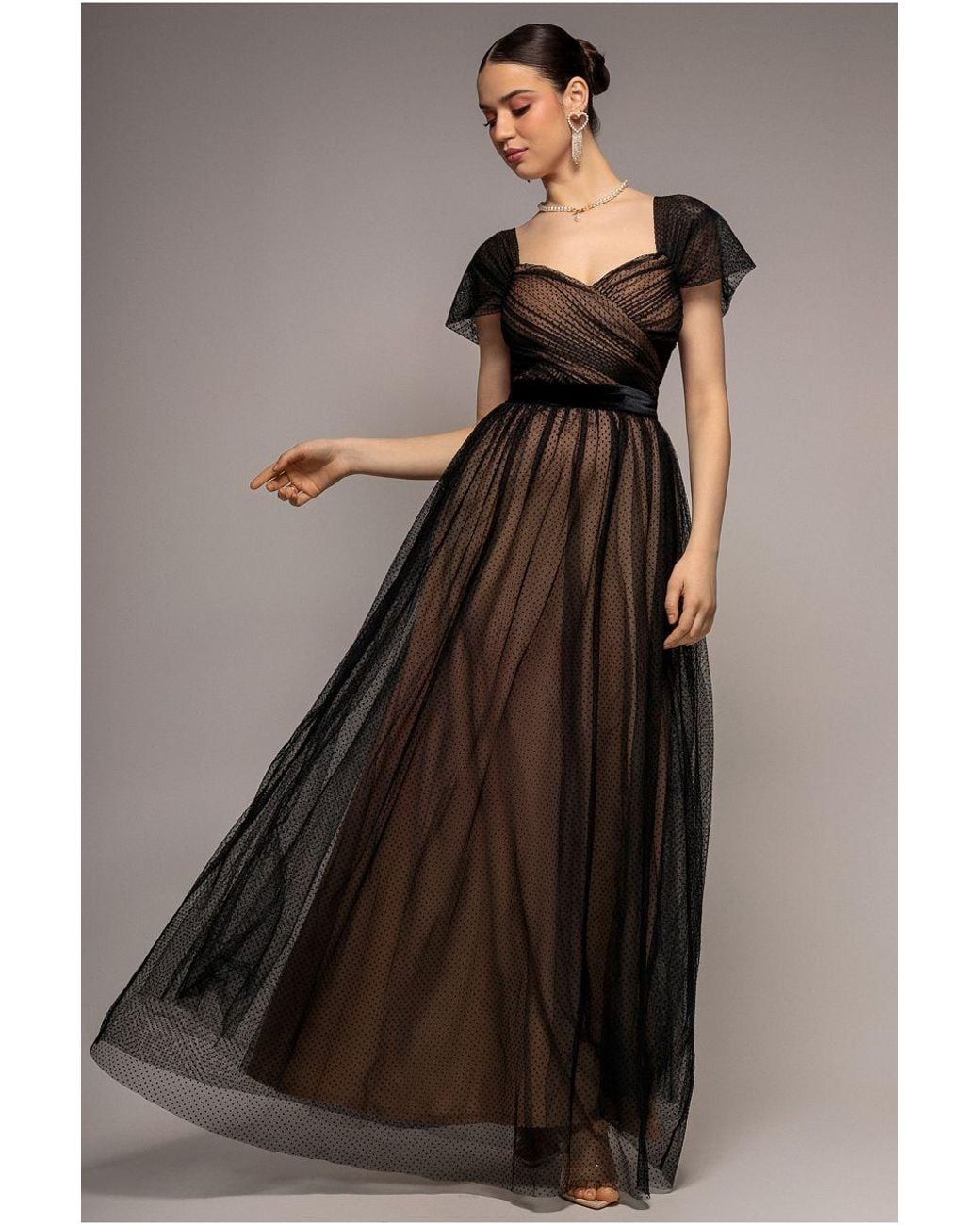 Goddiva Black Dobby Mesh Off The Shoulder Princess Maxi Dress